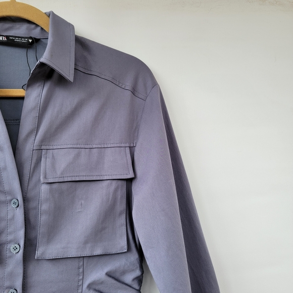 Zara Womens Medium Utilitarian Minimalist Gray Long Sleeve Midi Long Shirt Dress - Picture 10 of 16